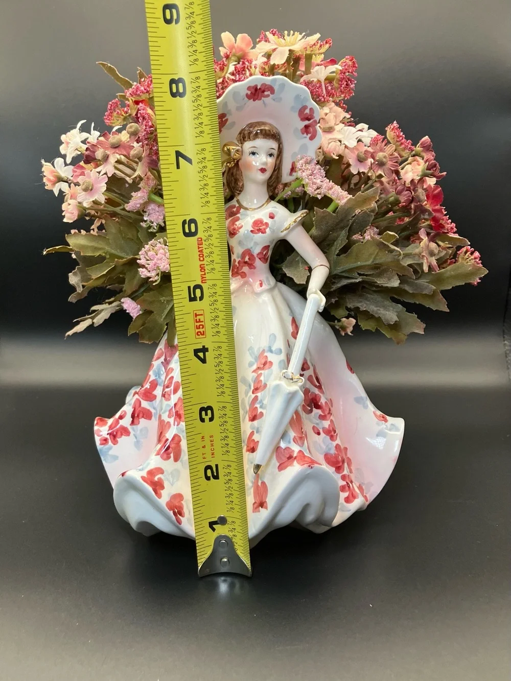 Lefton Southern Belle Lady Figurine in White with Pink Floral Dress Planter